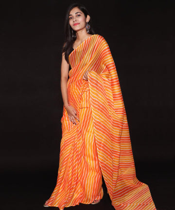 Orange Colour Lehariya Print Kota Doria Saree